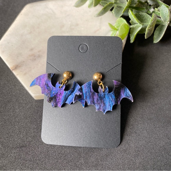 Bat Earrings Dangle Glitter Purple Halloween earrings Post/ stud - Picture 4 of 6